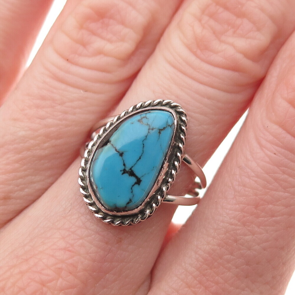Old Pawn 925 Sterling Silver Vintage Southwestern Bisbee Turquoise Ring Size 7.5